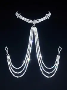 Silver Rhinestone Choker Body Chain • Adjustable Non‑Piercing Nipple Ring Necklace • Handmade Jewelry