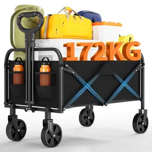 Heavy Duty Collapsible Wagon Cart, 380Lb Capacity Foldable Utility Wagon with 5" All-Terrain Wheels & Drink Holders for Grocery Shopping, Black