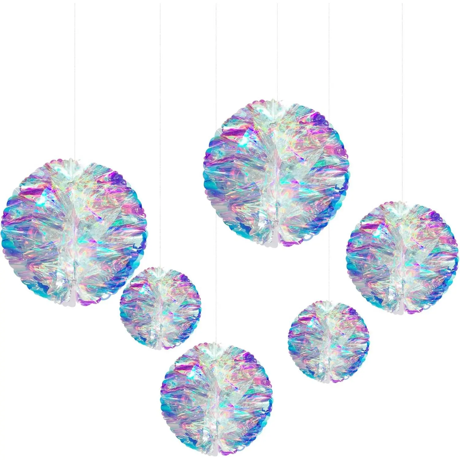 Iridescent Foil Honeycomb Ball Hanging Decorations with Tree Ornaments & Light, for Wedding Shower, Fairy Princess Theme Party, Ceiling Displays & Table Centerpieces, Circle