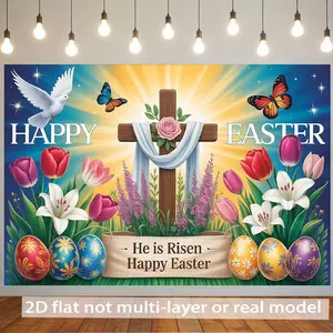 1PC Reusable Polyester Easter Theme 2D Flat Backdrop Banner, Decor Cloth with Christian Cross, Easter Eggs, Flowers, Festive Photo Background Curtain for Church Events, Photography, Birthday Celebrations
