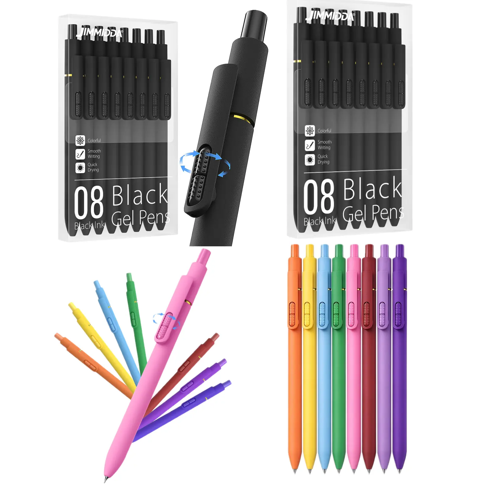 Summerwins Retractable Gel Pens 16 Count, 0.7mm Tip, 8 Black Gel Ink Pens & 8 Assorted Colorful Retractable Pens, Quick Dry No Smudge Smooth Writing for Journaling Note Taking School Office Writing Supplies