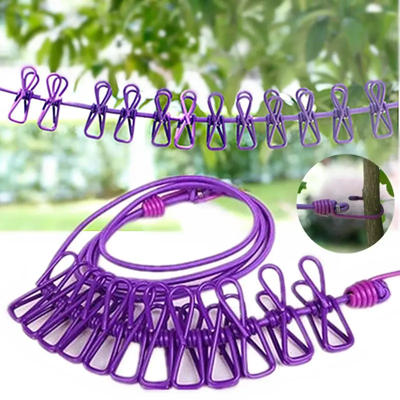 Portable Retractable Clothesline with 12 Clips - Compact Iron Frame Rope System Laundry Rack for Drying Clothes, Multifunctional Space-Saving Outdoor Household Hanger, Laundry Racks For Drying Clothes, Outdoor Dryer