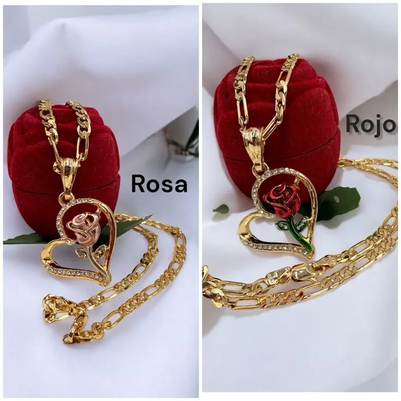 Rosa 14k Gold-Plated Heart Shaped Necklace for Female, Rose-Adorned Pendant with 20-Inch Figaro Necklace Chain, Copper Base, Elegant Design, Daily Wear, Valentine Gifts for Mom