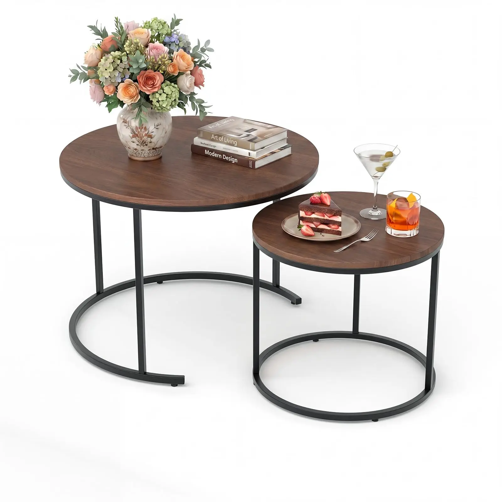 Walnut 2-Piece Round Nesting Tables - 60/40 cm Marble Effect Top - Metal Frame - Modern Circle, Coffee, Side Tables - Space Saving Furniture for Living Room, Bedroom - Assembly Required