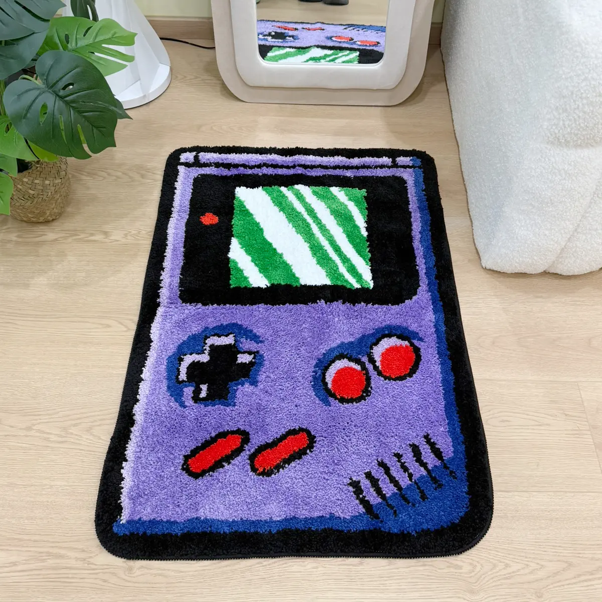 Retro Handheld Game Console-Shaped Fluffy Floor Mat - 40x60cm Home Indoor Non-Slip Rug, Machine Washable Soft Absorbent Nostalgic Decor Design for Game Room, Bedroom (Rugs for Bedroom), Office