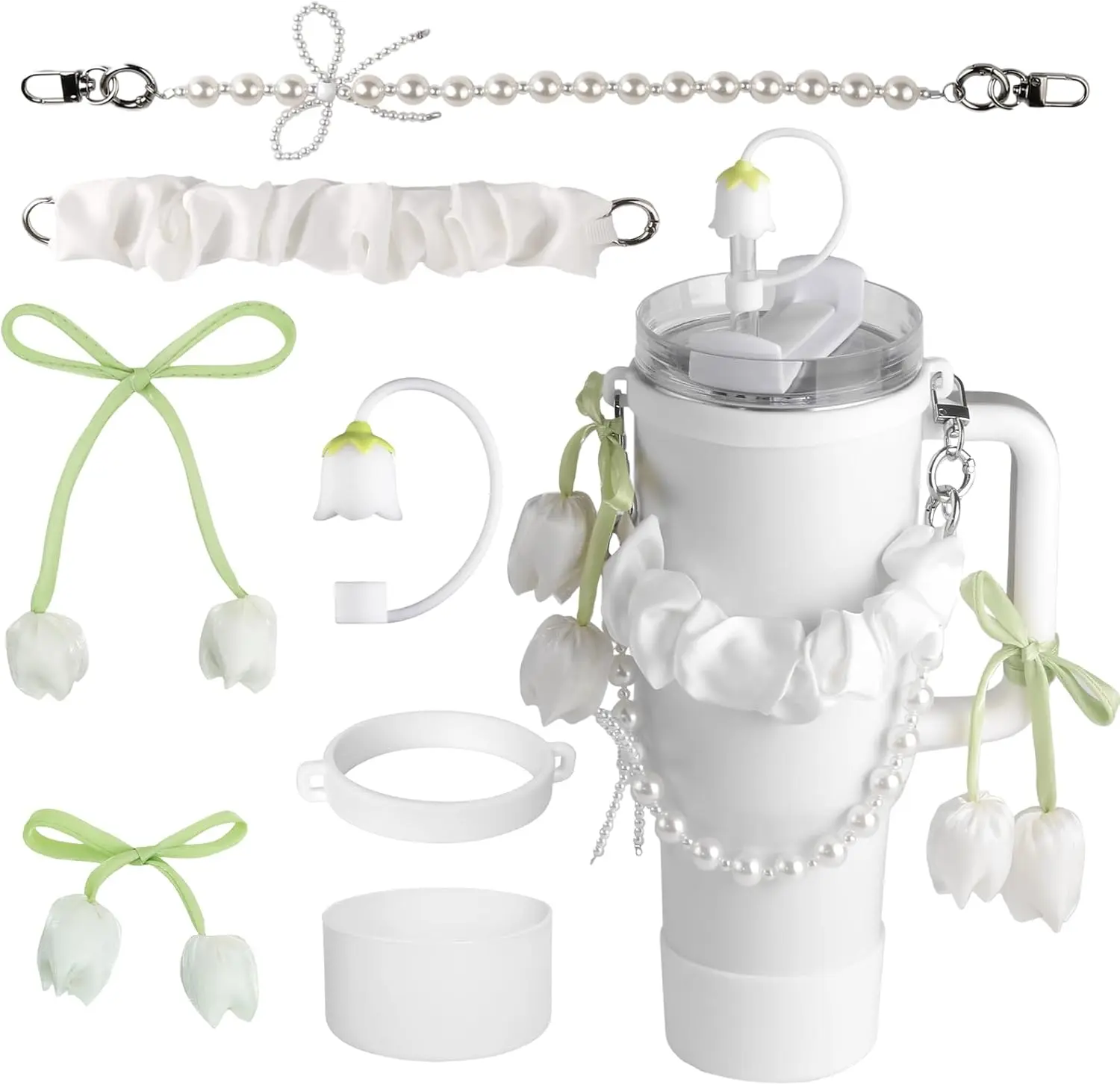7 count Cup Accessories Set for  Cup 30oz 40oz tumbler with handle,  Set, Bow Decoration&Ribbon Handle, Straw topper cover, Boot (White)