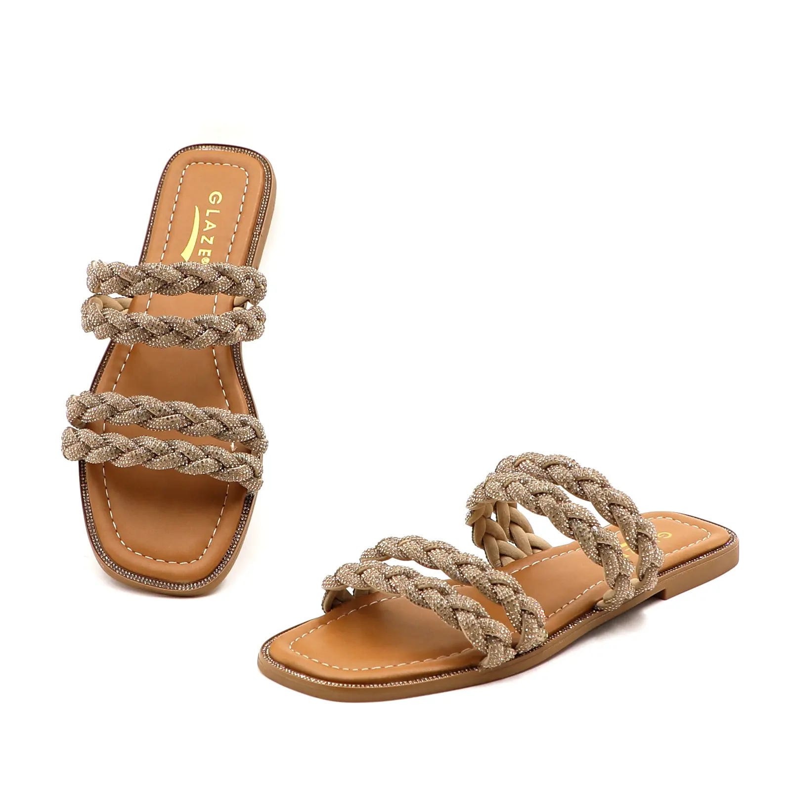 Women's Elegant Slip On Sandals with 2 Braided Straps, Flat Holiday Footwear with Sparkling Rhinestones & Cushioned Breathable Sole, Elegant Sandal, 2 Strap Women's Fashion Slippers, Leather, Design, Unique Sandals