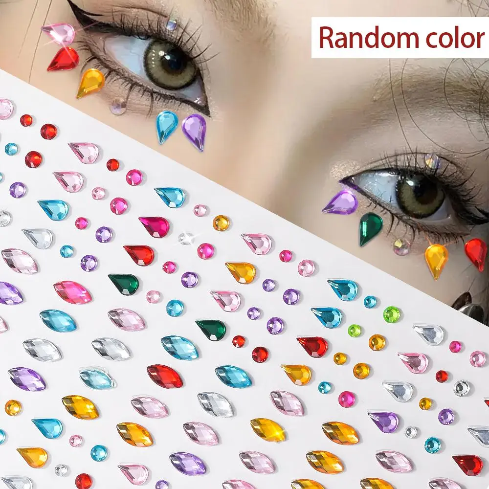 1pc 3D Colorful Glitter Face Rhinestones Sticker Teardrop Diamond Temporary Tattoo Sticker Adhesive Eye/Face/Body Crystal Jewel