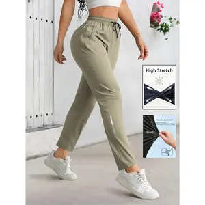 Women's High-Elastic Sports & Leisure Cropped Pants: Featuring Waist Drawstring and Zipper Pocket Construction, Solid-Color Versatile Fashion Design – Ideal for Daily Casual Wear, Gym Yoga Exercises, and Outdoor Jogging Activities