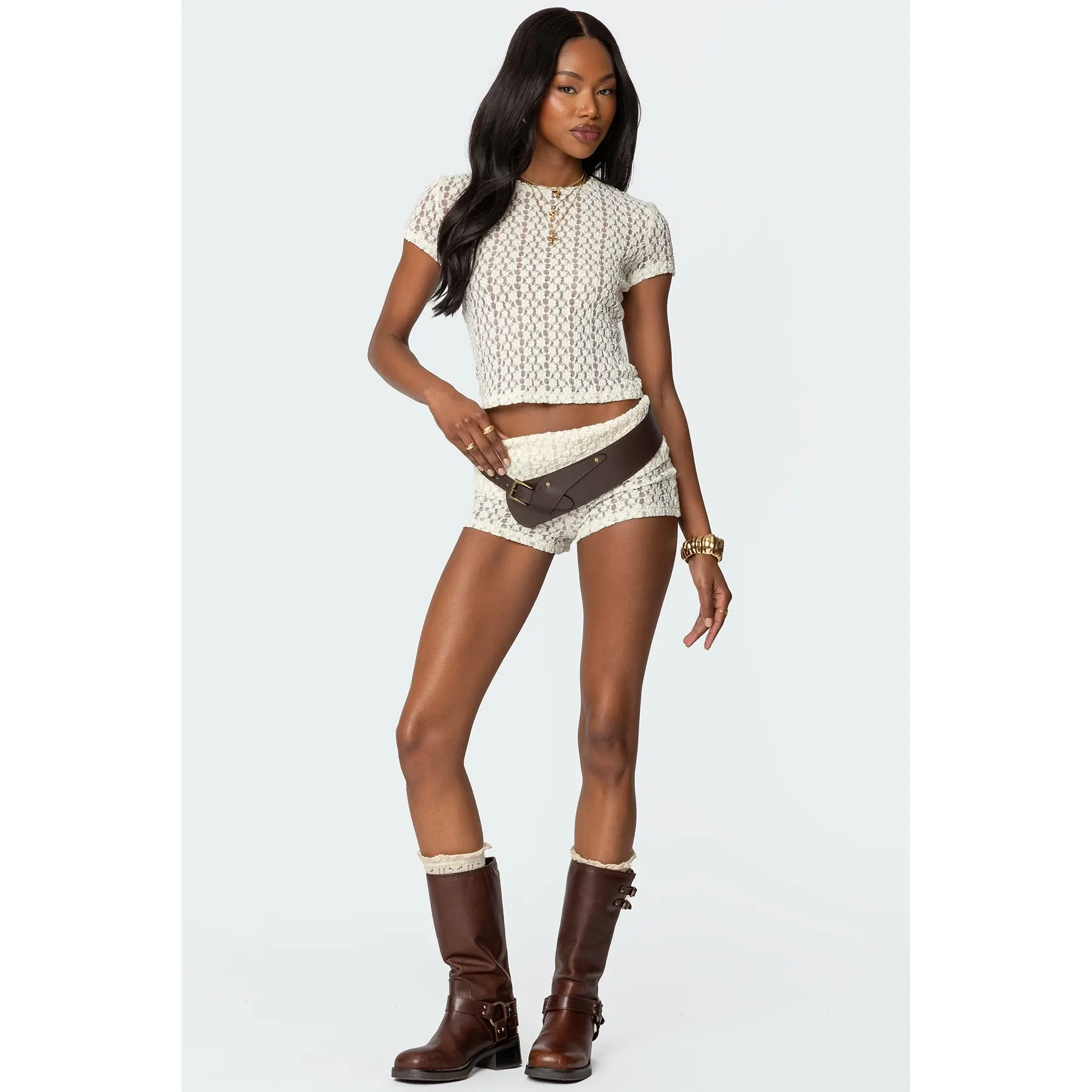 Rye Sheer Textured Foldover Shorts