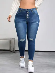 Plus Size Women's Fashionable Buttoned Ripped Skinny Pants, Comfortable Elastic Fit, Natural Waist, Long Regular Length, All Seasons