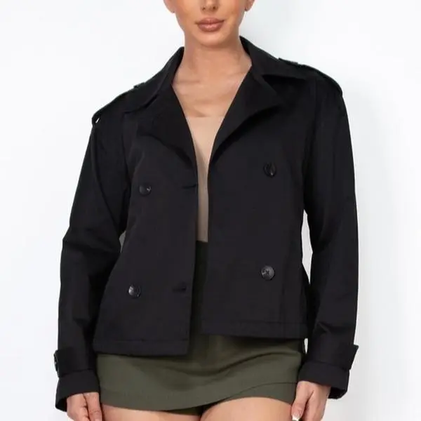KatchMe Women's Black Notch Lapel Double Breasted Trench Coat with Detachable Belt Elegant Wrap Tie Waist Outerwear Jacket for Fall & Winter