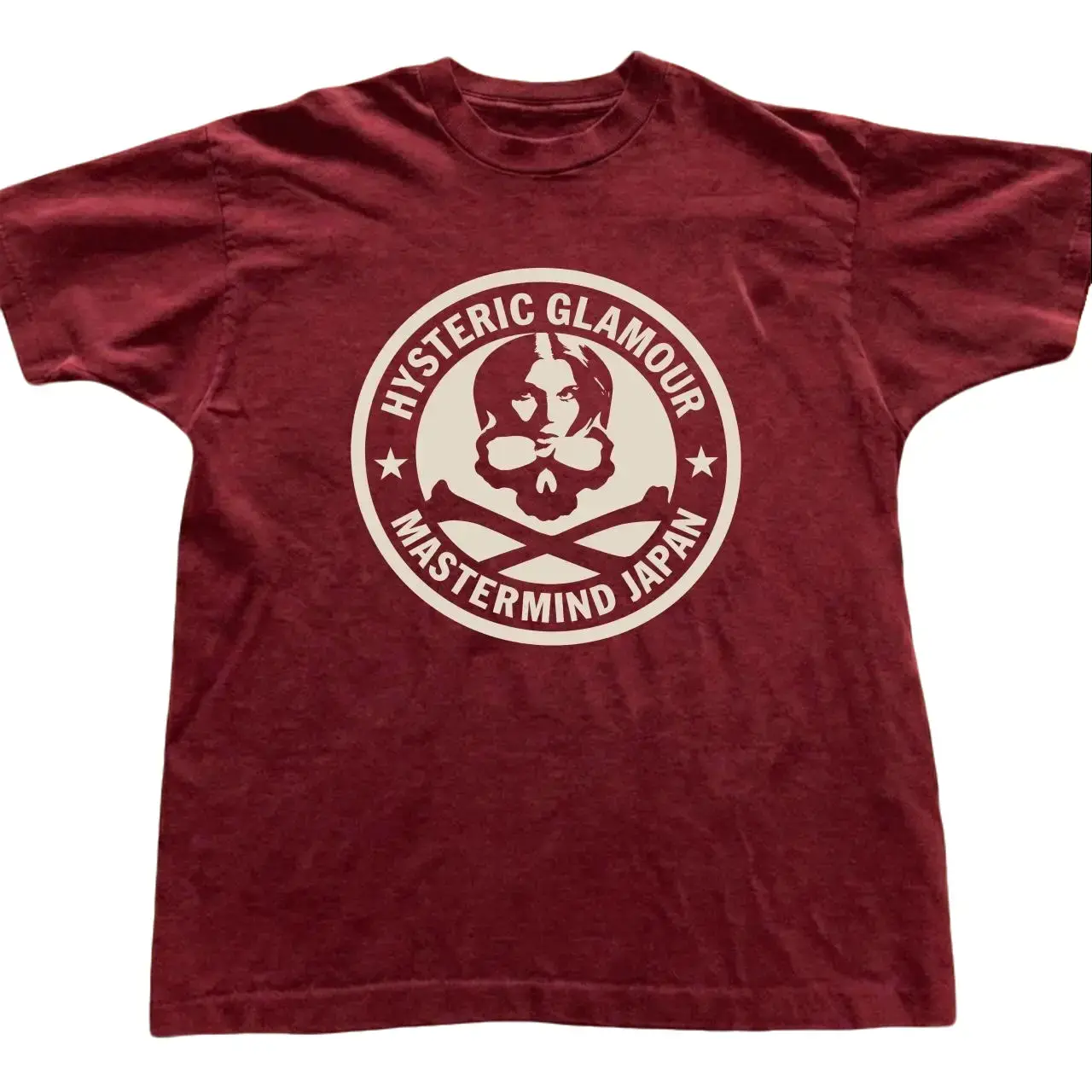 Hysteric Glamour Mastermind Japan Skull T-Shirt, Vintage Y2K Japanese Streetwear Graphic Tee, Unisex Burgundy Cotton Top