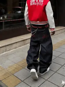 Y2K Millennium Style Heartbeat Denim Jeans, Electrocardiogram Thread Embroidered, Wide-Leg, Mid Waist, Loose-Fit, Casual American Streetwear, Pants, Fashion