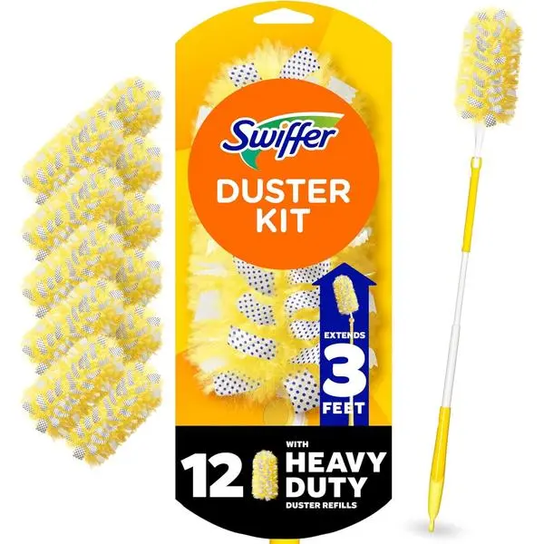 Swiffer Duster Kit with 3 ft Extendable Handle, Dusters for Cleaning, Set Includes 1 Extension Pole and 12 Heavy Duty Dusting Refills Dust Cleaner, Long Extended Wand for Ceiling Fans and Walls backtoschool