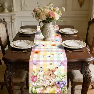 Easter Tablecloth with Cute Bunny and Floral Pattern, Durable Polyester Fiber Material, Versatile Use, Perfect for Easter Party, Kitchen, Dining Room, Indoor & Outdoor Decor