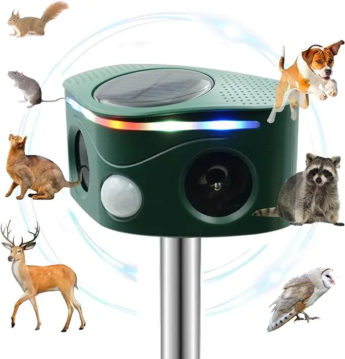 Ultrasonic Solar Animal Repeller Outdoor with Motion Sensor, Deer Dog Squirrel Skunk Cat Repellent Devices Solar Pest Repellent Vole Repellent Raccoon Repellent