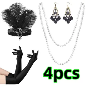 4 piece Vintage Wedding Costume Accessories Feather Headband Pearl Gloves Necklace Earrings for Halloween Party Cosplay Beauty & Personal Care