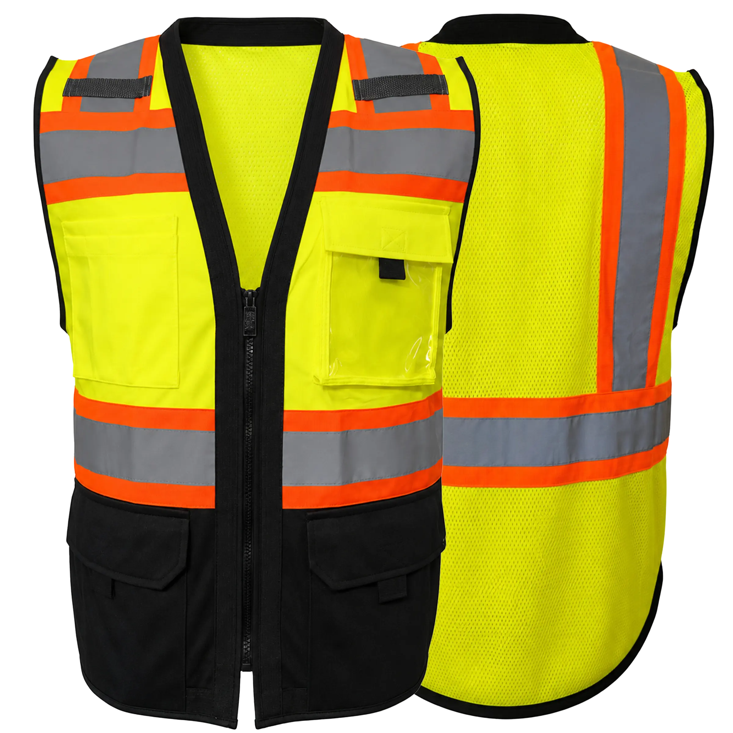 Two Tone Hi-Vis Mesh Back - Safety Vest with Reflective Stripes - Clear ID Pocket