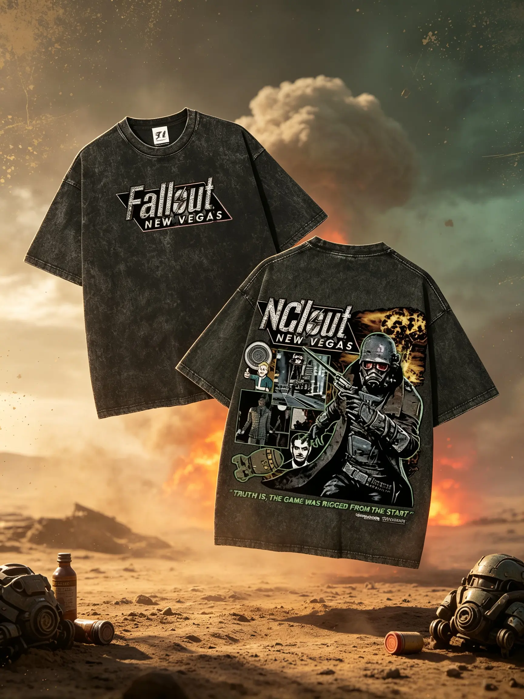 Vintage Wash Graphic T-Shirt for Men, Retro Cotton Tee with Fallout New Vegas Art, Short Sleeve Round Neck Casual Fit Streetwear, Shortsleeve, Vintage Print, Double Wash, Eco-Printing, Unisex Comfy Love
