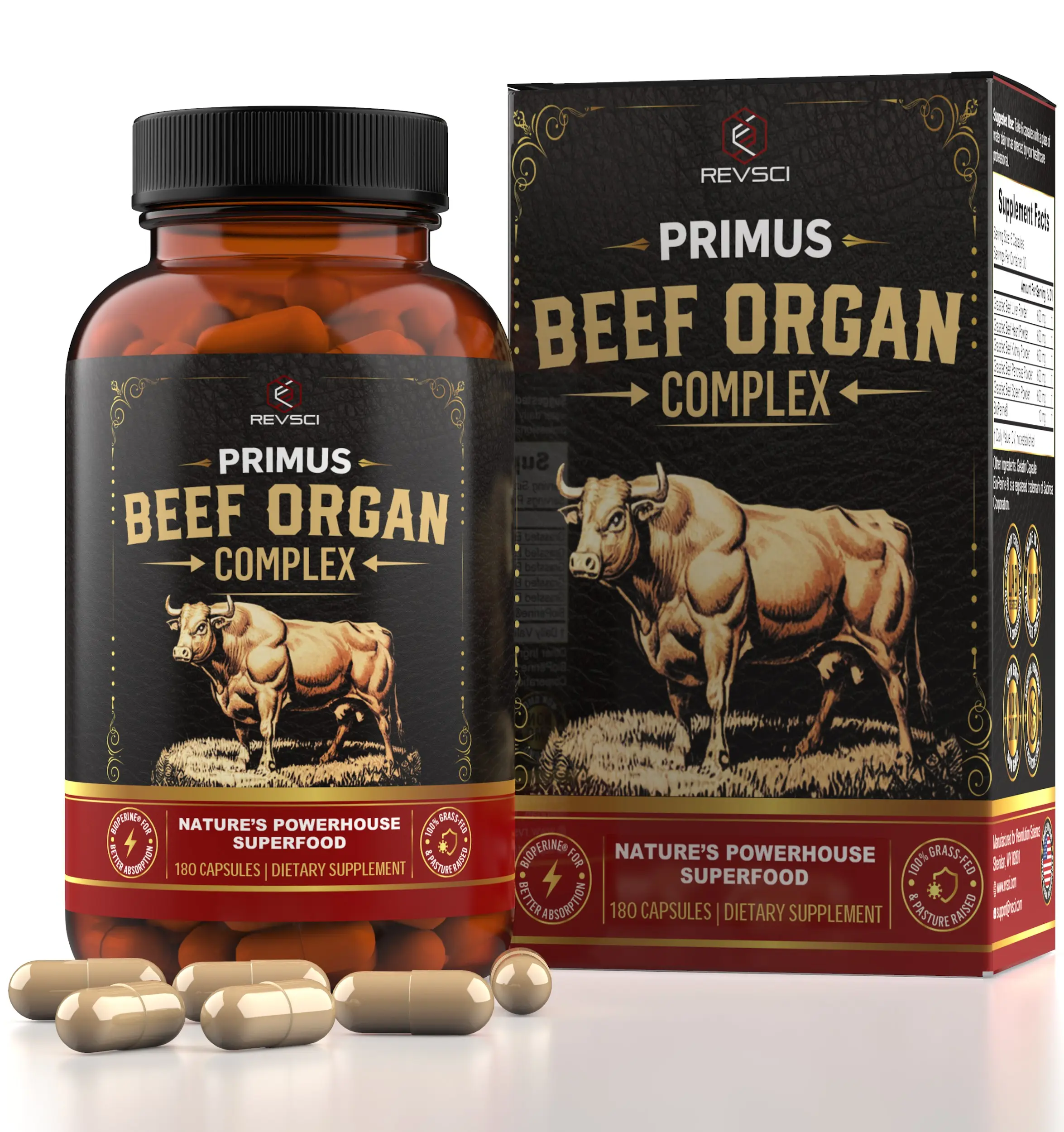 PRIMUS Beef Organ Supplement | Grass-Fed 5-Organ Blend for Energy & Vitality, 180 Capsules Edible Dietary Supplement Daily Nutrition Supplement