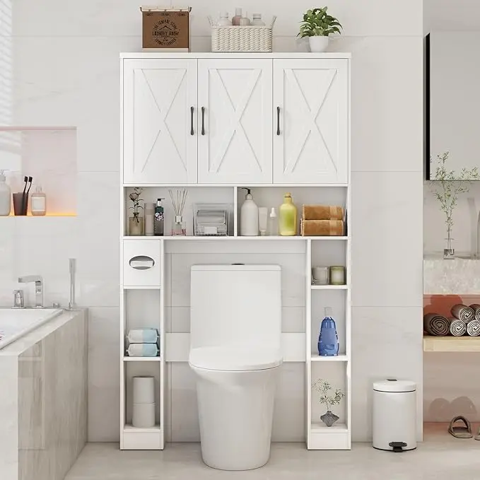 [tiktokshopbacktoschool] Vabches Over The Toilet Storage Cabinet, Farmhouse Toilet Cabinet Rack with 3 Barn Doors, Space Saving Bathroom Organizer with Shelves, Toilet Paper Holder and Towel Rack for Bathroom,Restroom,Laundry
