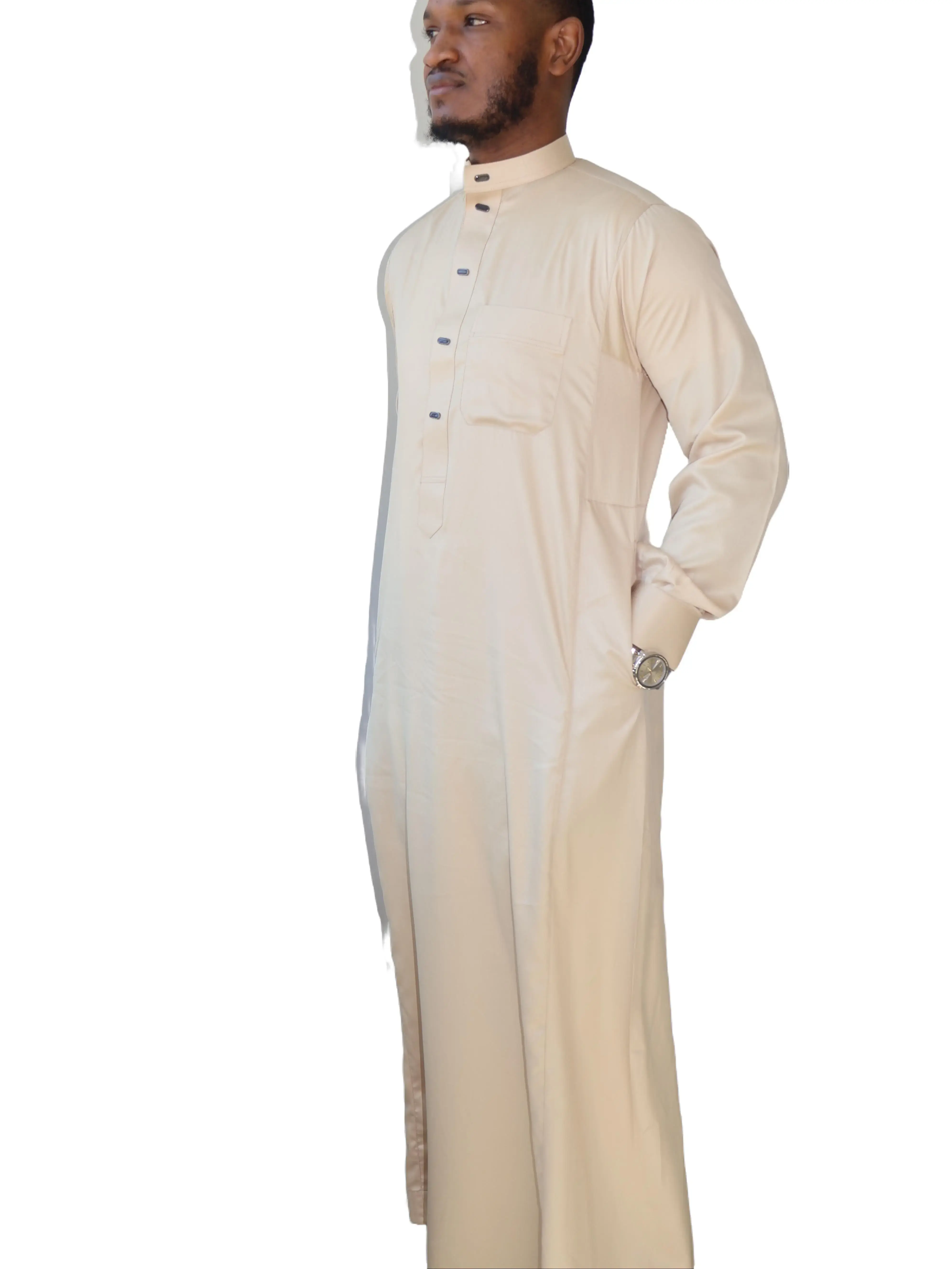 Al-Aseel Men’s Authentic Saudi Thobe - Modest Muslim Long-Sleeve Slim-Fit Robe with Snap Buttons, Modern Traditional Arabic Casual Loungewear