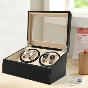 4-Rotor 10-Slot Watch Winder Box, Silent 10dB Motor with Bi-directional Rotation, Auto Winding & Display Case for Men's Mechanical Watches, PU Interior & Glass Top for Dresser Storage & Luxury Gift
