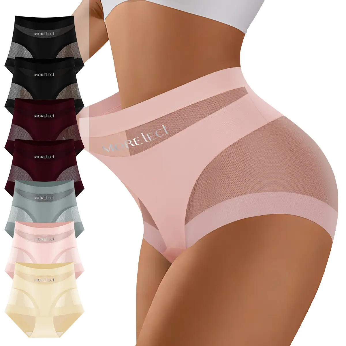 Morelect Women's 6/7 Pack Plain Panties, High Waist Seamless Bikini Briefs with Sheer Mesh, Lightweight Breathable Nylon Casual Underwear