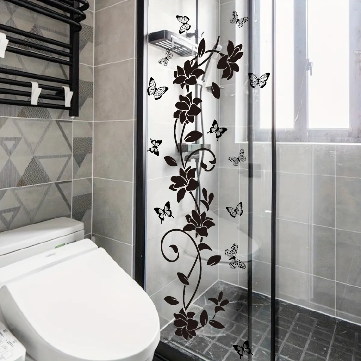 A new style black vine and flower bathroom sticker for bathroom, toilet, and bathroom glass wall decoration Bathroom Decor Supplies Flower Design self-adhesive sticker Decorative Wall Sticker Floral Pattern Sticker MS1709-YY