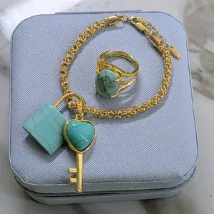 Fashion Female 2-Piece Turquoise Gold-Plated Bracelet & Ring Set, Popular Daily Jewelry for Women, Ideal Gifts for Women