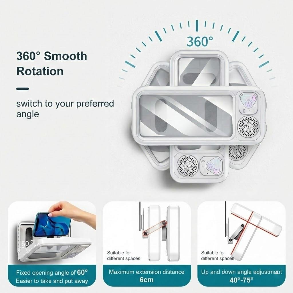 Shower Bluetooth Speaker Phone Holder, Waterproof Touch Screen Wall Mount Phone Case, 360° Rotation Bathroom Phone Stand