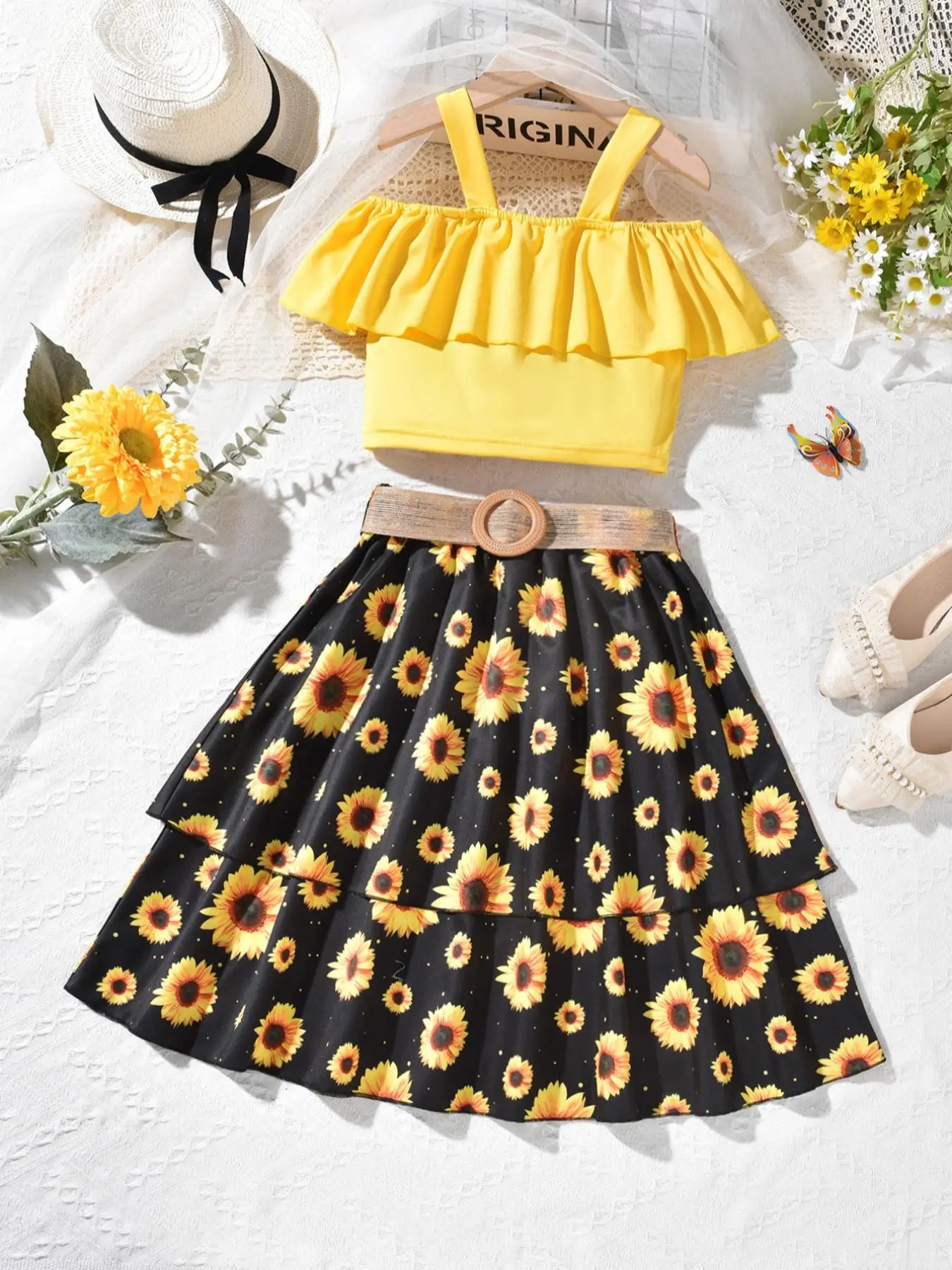 Girl's Sunflower Print ＆ Plain Co-ord Set, Casual Ruffle Trim Top ＆ Skirt & Belt Set, Summer Outfits Clothes for Kids