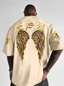 Men's Gold Angel Wing Print Short Sleeve T-Shirt, Metallic Texture and Religious Elements, Fashion Luxurious Visual Style, Loose-Fitting Streetwear