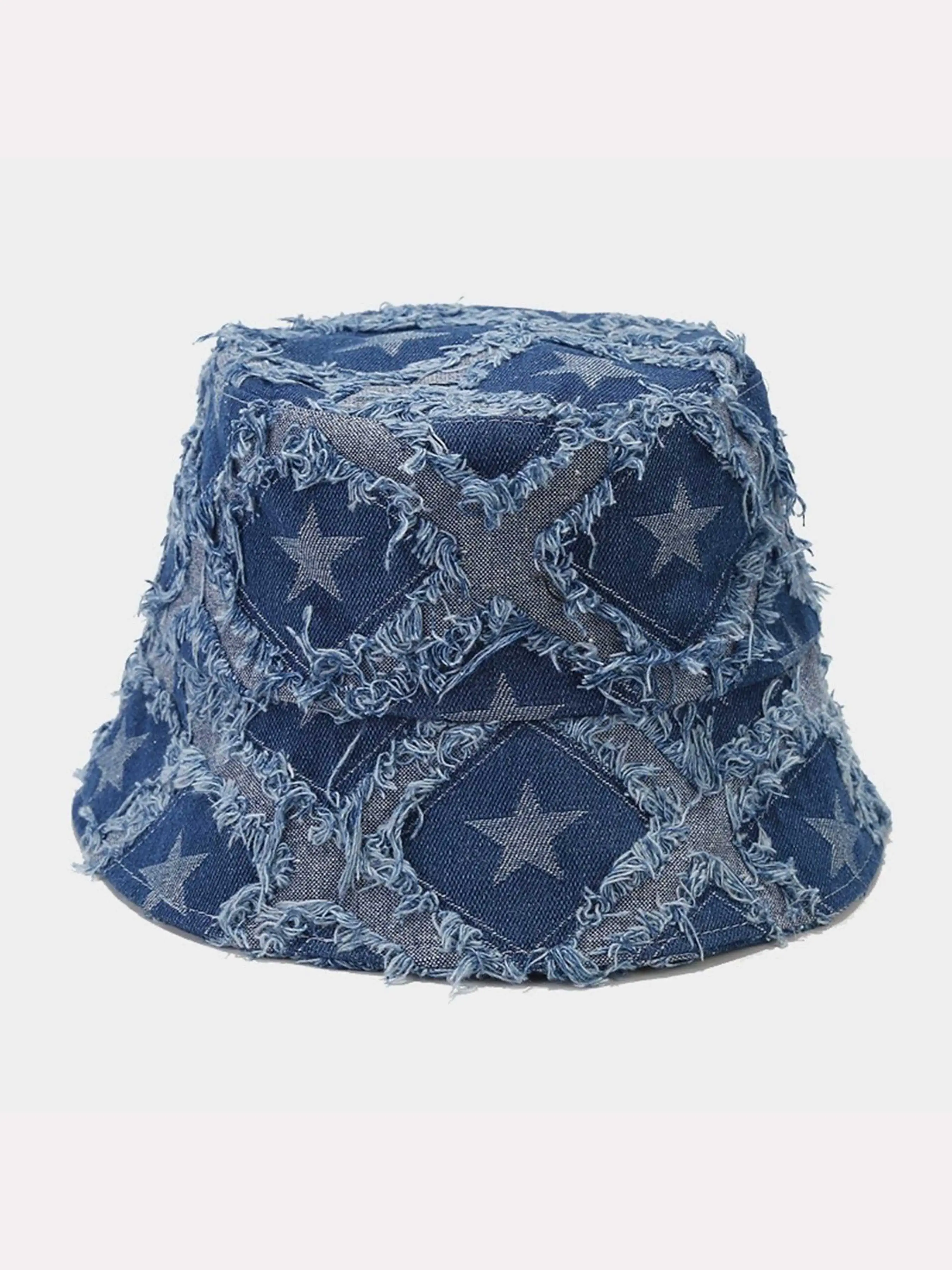 Unisex Star Patch Vintage Bucket Hat, Retro Faded Denim Fisherman Cap, Punk Style, All-Season Casual Wear, Unisex Design