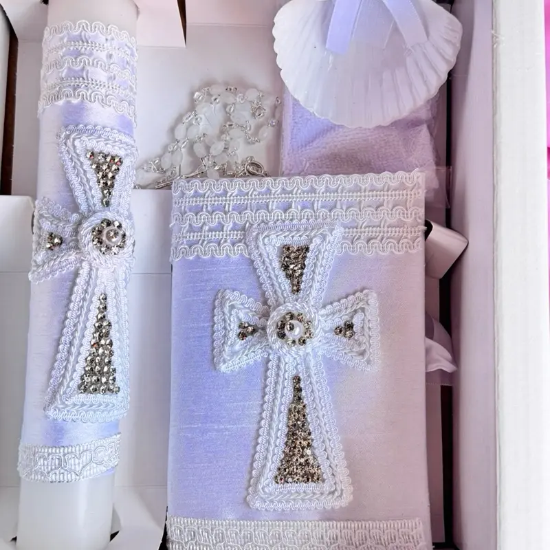 8 in Traditional Religious Baptism Ceremony-Ready Kit Gift for Boys - Rosary, New Testament Bible, Elegant White Candle Set, Faith-Based Bilingual Packaging (English & Spanish)