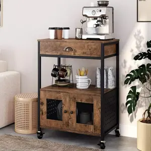 [Memorialday] HOMBCK Kitchen Cart with Wheels, Rolling Microwave Cart with Drawer and Storage, Coffee Cart, Brown Adjustable Cabinet Shelf