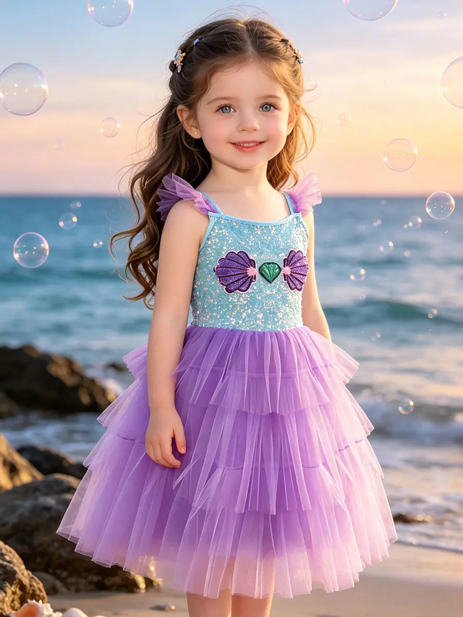 Girls' Sparkly Blue Spaghetti Strap Tutu Dress - Plain Midi-Length, Shell & Heart Gem Embroidery, Multi-Layer Purple Gradient Cake Tulle Skirt, Prop 65 Safe for Ocean Party & Birthday, Spaghetti Dress, Crew Neck