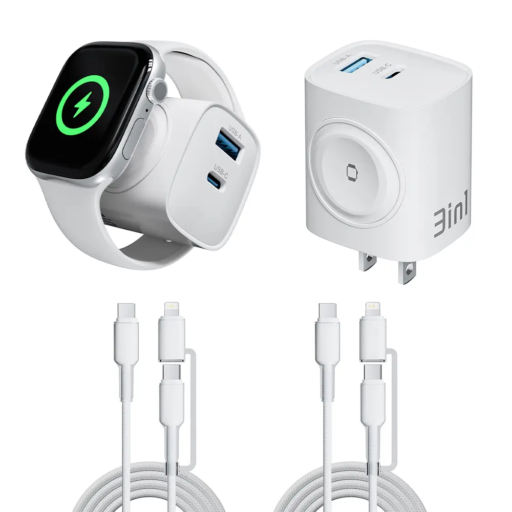 OOI 3-in-1 Magnetic Charging Blocks Compatible with Apple Watch, iPhone, AirPods & More, USB-C + USB-A Fast Charger Adapter with 2-in-1 USB-C/Lightning Cable, Compact Travel Charger, Multiple Options Available, Back to School tiktokshopbacktoschool