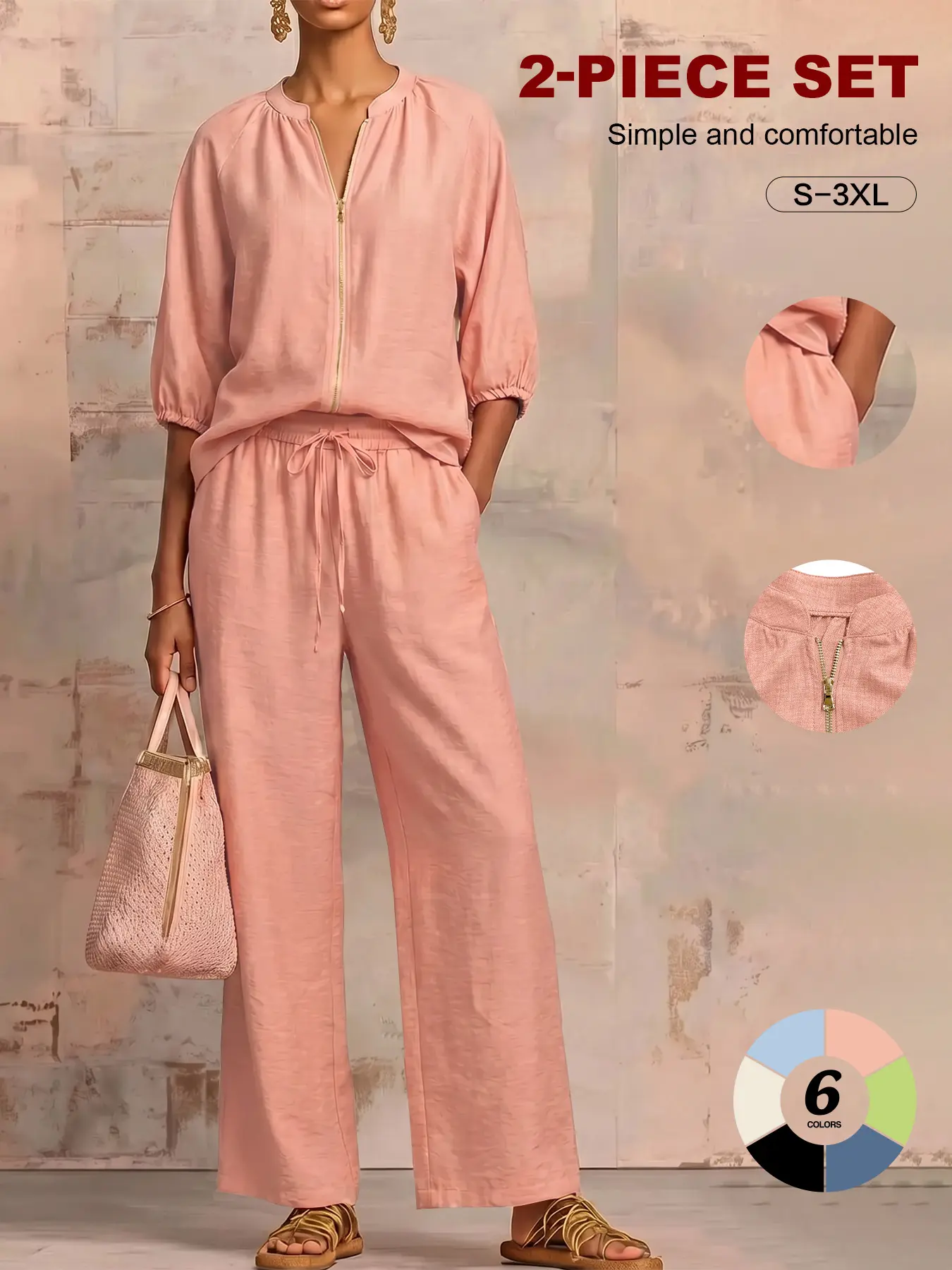 Women’s matching loungewear set: half-zip pullover two-piece tracksuit (with loose, wide-leg pants) — casual outerwear style summerwins