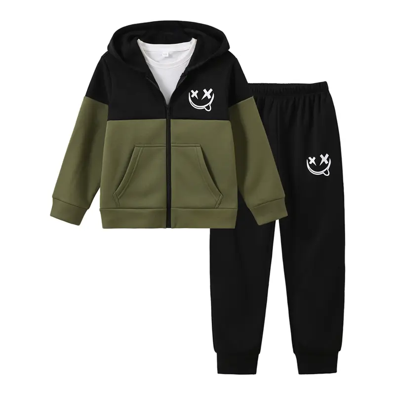 2-piece set for boys: stylish autumn and winter color-block smiley face zipper sweatshirt with elastic waist casual sweatpants, trendy color-contrast hoodie set for going out and sports Kids' clothes