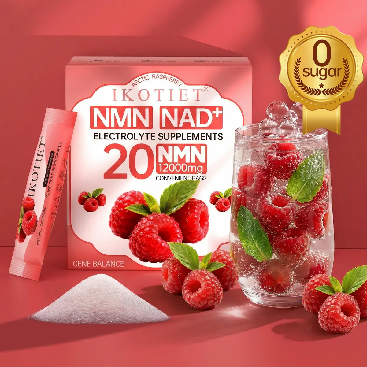 IKOTIET Sugar-Free NAD+ NMN Dietary Supplement Texture Powder - Arctic Raspberry Extract, Solid Beverage, 9.3x Higher Penetration Tech, 24-Month Shelf Life, Third-Party Tested, Energy Boost (1 Box:20 Bags+1 Free Trial Pack, US Compatible), Sugar Free Drin