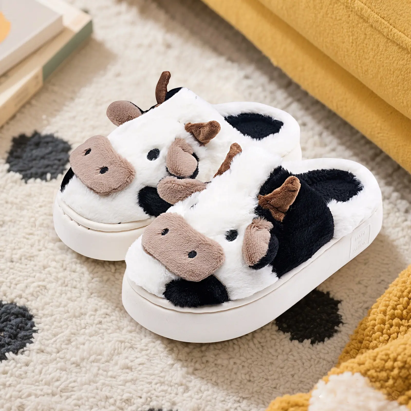 Kids' 3D Cow Platform House Slippers,  Cotton Upper, Fuzzy Plush Cozy High-Sole, Adorable Cow Face Design