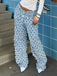 Elengatine Viral Fringe Patchwork Jeans for Women | Y2K Checker Denim Wide Leg Pants | Heavy Fringe Texture, Statement Streetwear Look | High Fashion, Trendy & Eye-Catching | Perfect for Spring Summer Outfits, Festival Wear BTN134,summervibes