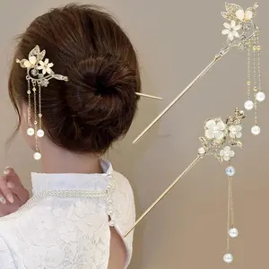 2Packs Lily of the Valley Chinese Hair Sticks for Buns, Pearl Flower Vintage Metal Hair Chopsticks for Women and Girls Dangle Tassel Pendant Hair Accessories Hanfu Handmade Decor Hairpin (beige)