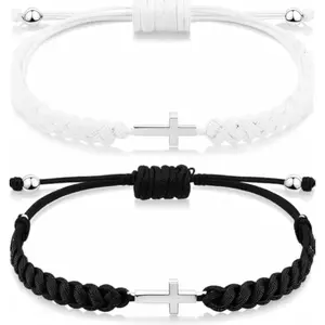 2 Pcs Cross Friendship Bracelet Set, Adjustable Braided Rope Christian Jewelry, Matching Couple Lucky Wristband for Easter Baptism