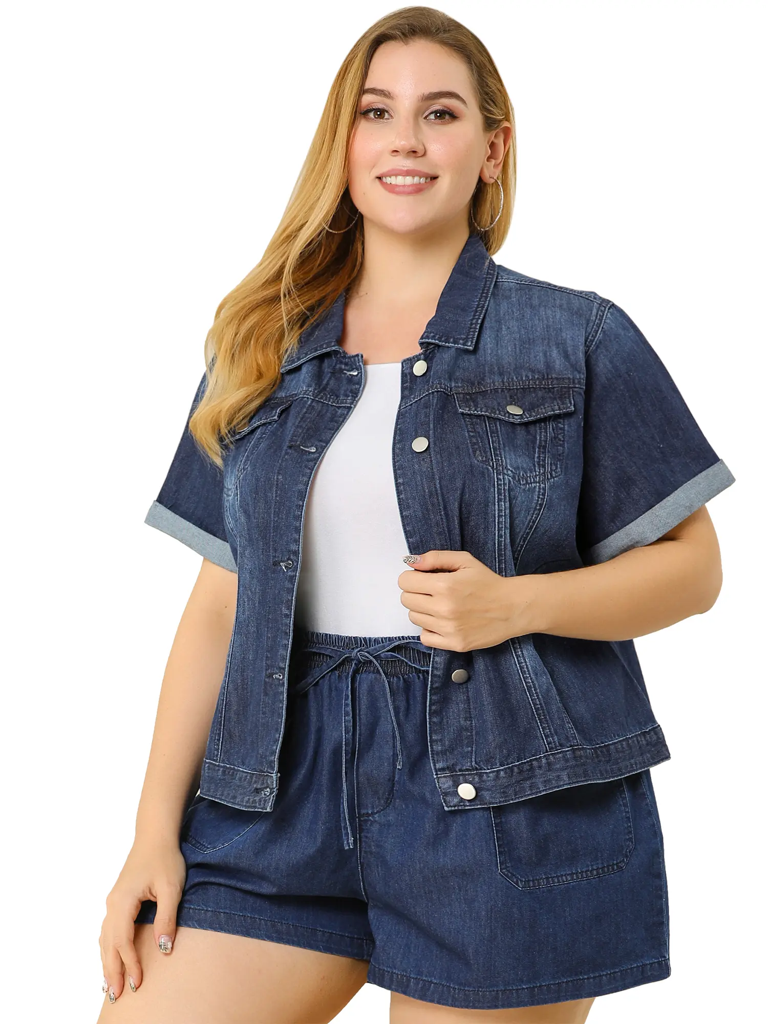 Agnes Orinda Plus Size Denim Jacket Button Front Work Crop Jean Short Sleeves Jackets