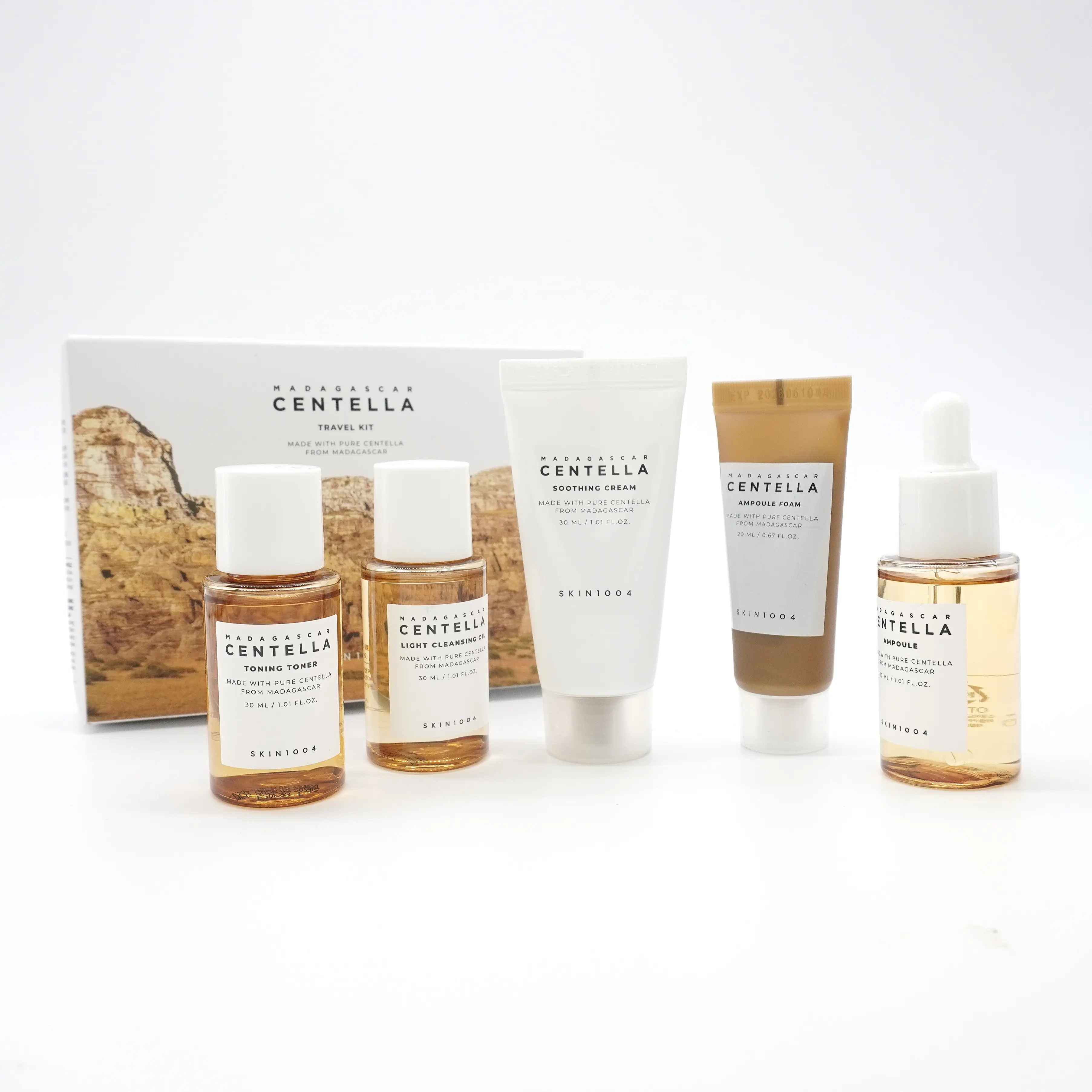 SKIN1004 Madagascar Centella Travel-Friendly Skincare Kit - Mini Toiletries for Purse, Selfcare Set with Centella Asiatica, Hyaluronic Acid, Madecassoside - Calming, Soothing Moisturizer & Repair Cleansing for All Skin Types (Ampoule, Toner, Serum, Cream)