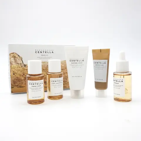 SKIN1004 Madagascar Centella Travel-Friendly Skincare Kit - Mini Toiletries for Purse, Selfcare Set with Centella Asiatica, Hyaluronic Acid, Madecassoside - Calming, Soothing Moisturizer & Repair Cleansing for All Skin Types (Ampoule, Toner, Serum, Cream)