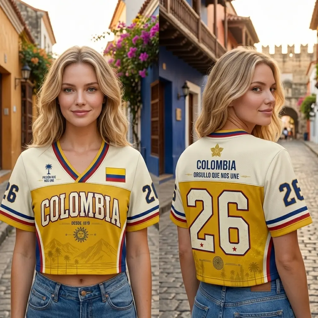 Colombia Football Jersey, 2026 Global Soccer Cream Yellow Crop National Team Jersey with Colombia Lettering, Mountain Landscape and Flag Design, Perfect Gift for Soccer Fan